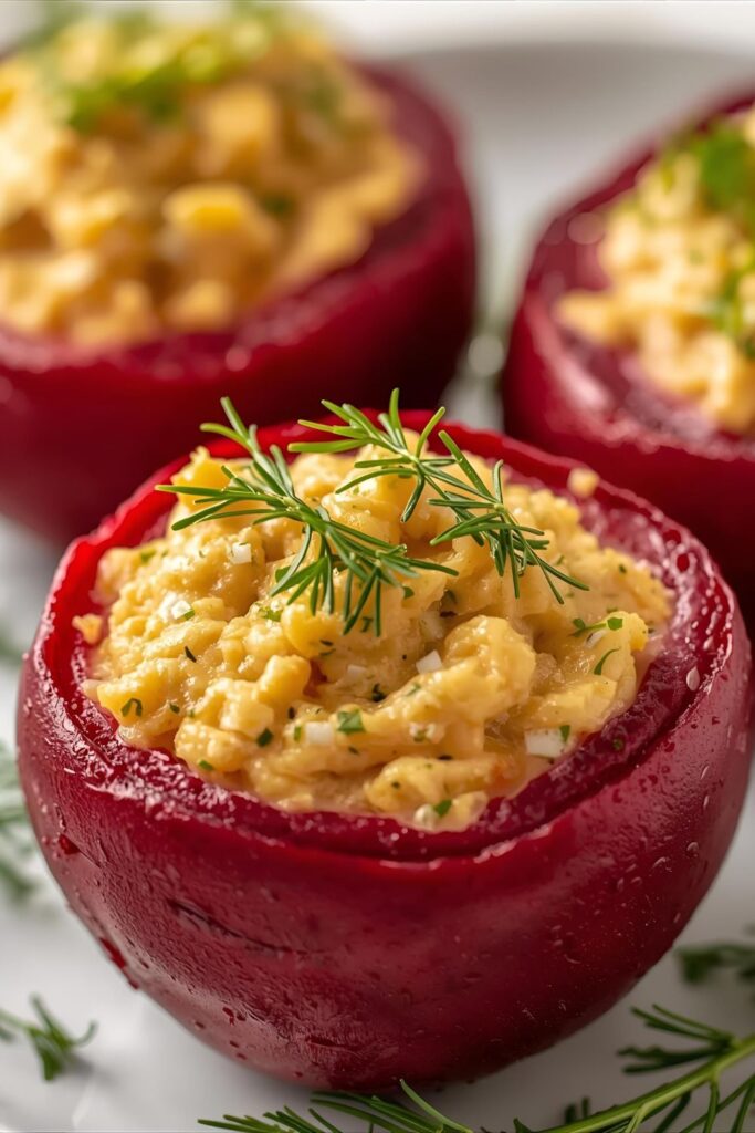 Close-up shot of several stuffed beets on a platter, showing the contrast of the red beet and white filling.