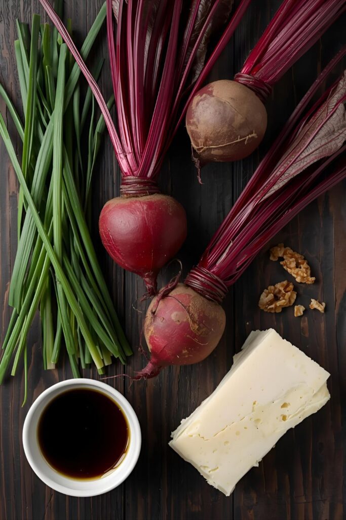 Flat lay collage of all ingredients: red beets, goat cheese, walnuts, chives, and balsamic vinegar