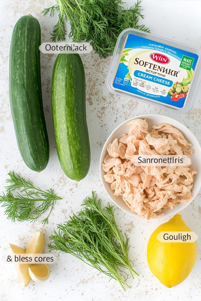 A colorful flat-lay collage of all the fresh ingredients for the stuffed cucumber recipe: two whole English cucumbers, a block of cream cheese, a handful of shredded chicken, fresh dill, garlic cloves, and lemon on a white background.