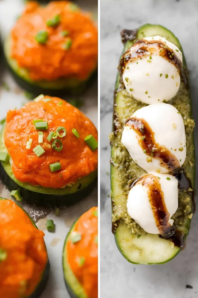 A side-by-side photo showing two different types of stuffed cucumber bites: On the left, a close-up of Spicy Buffalo Chicken Stuffed Cucumber with chives; on the right, a close-up of Pesto Caprese Stuffed Cucumber with mozzarella and balsamic glaze.