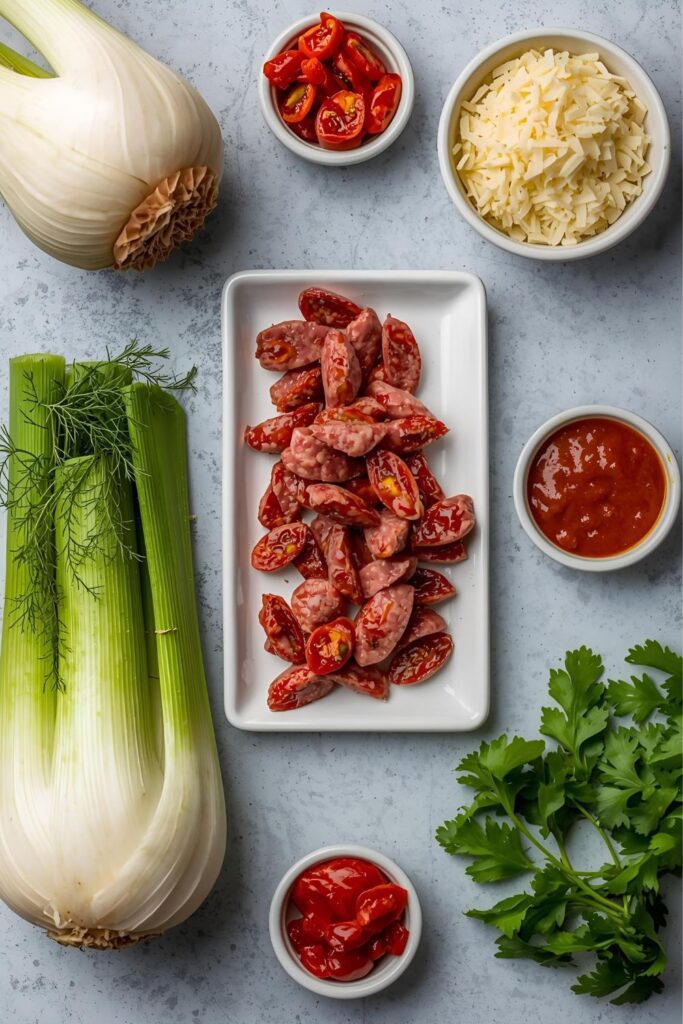 A flat lay collage showing all the key ingredients for the stuffed fennel recipe: raw fennel bulbs, ground Italian sausage, sun-dried tomatoes, Parmesan, fresh herbs, and Panko breadcrumbs, all artfully arranged