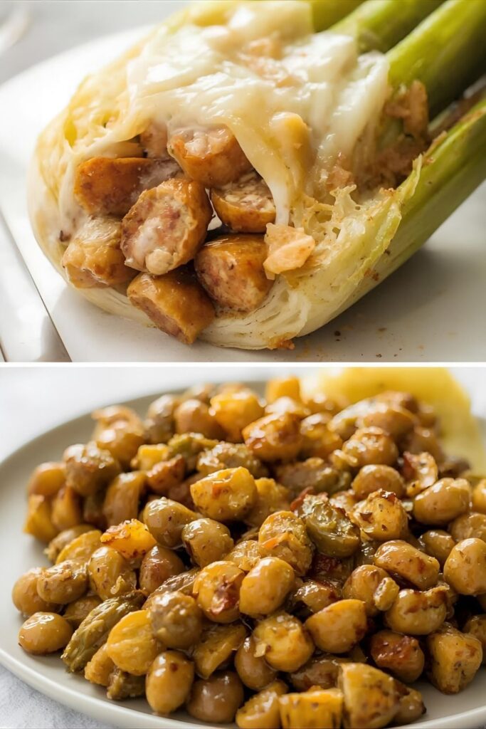 A photo of two variant versions of the cooked stuffed fennel: one loaded with a golden, cheesy sausage filling (close look) and a vegetarian version featuring lentils and herbs