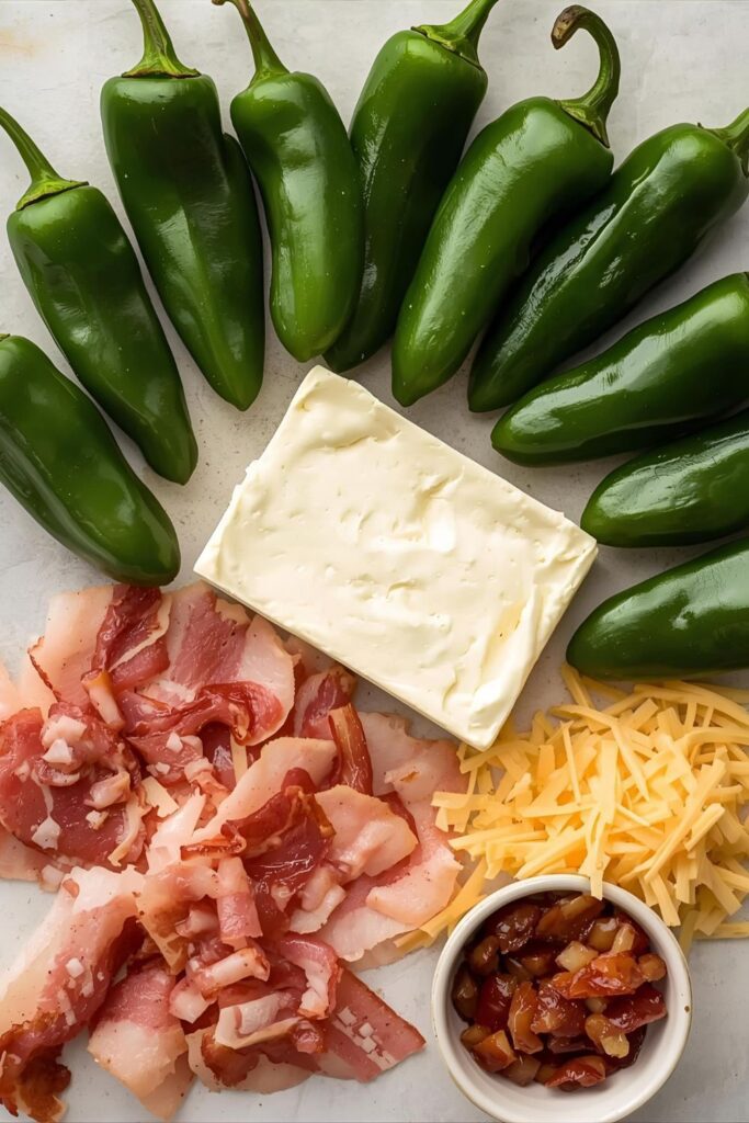 A flat-lay collage of the main ingredients for stuffed jalapeños: fresh whole jalapeños, a block of cream cheese, shredded cheddar cheese, raw bacon slices, and crumbled cooked bacon in a small bowl.