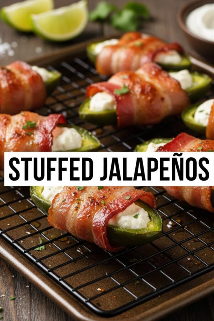 A close-up, high-angle shot of several perfectly baked, bacon-wrapped stuffed jalapeños on a wire rack, with crispy bacon and bubbly filling, featuring a bold white text overlay reading: "Stuffed Jalapeños."