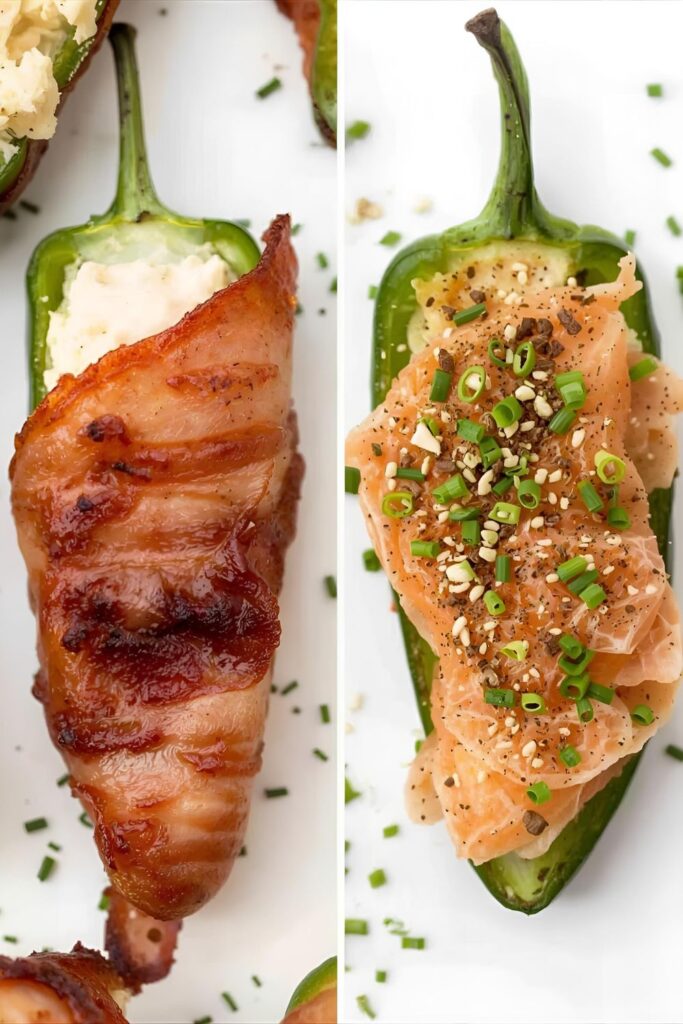 A side-by-side photograph showing two finished jalapeño poppers: On the left, the classic Bacon-Wrapped Stuffed Jalapeño; on the right, the Smoked Salmon & Everything Bagel Popper topped with seasoning and fresh chives.