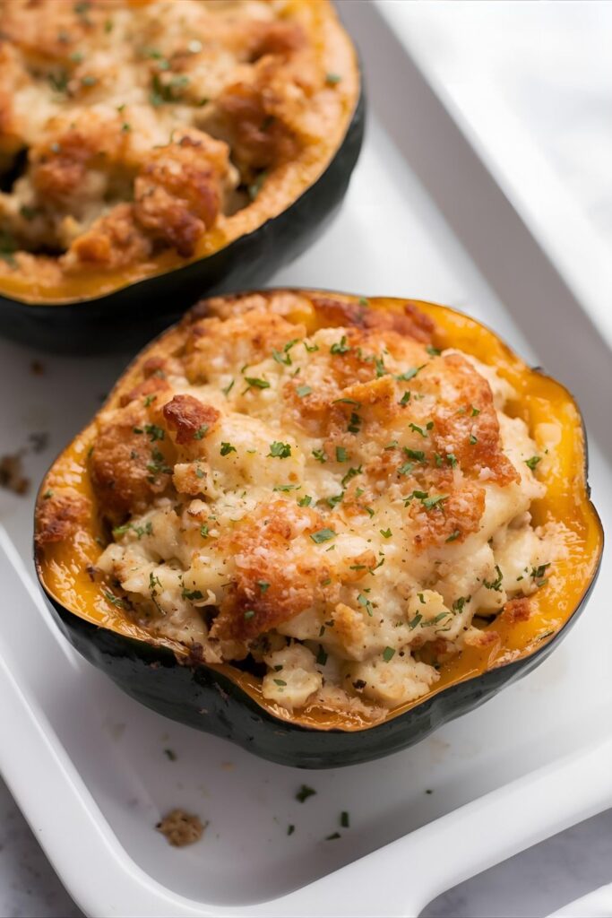 Close-up shot of two baked stuffed pattypan squashes on a platter, showing the crispy, golden-brown cheese topping.
