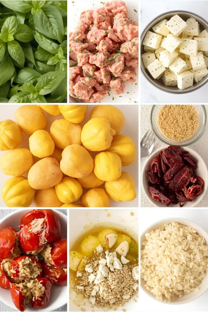 Overhead collage of all ingredients: pattypan squash, ground turkey, feta, basil, sun-dried tomatoes, and quinoa.