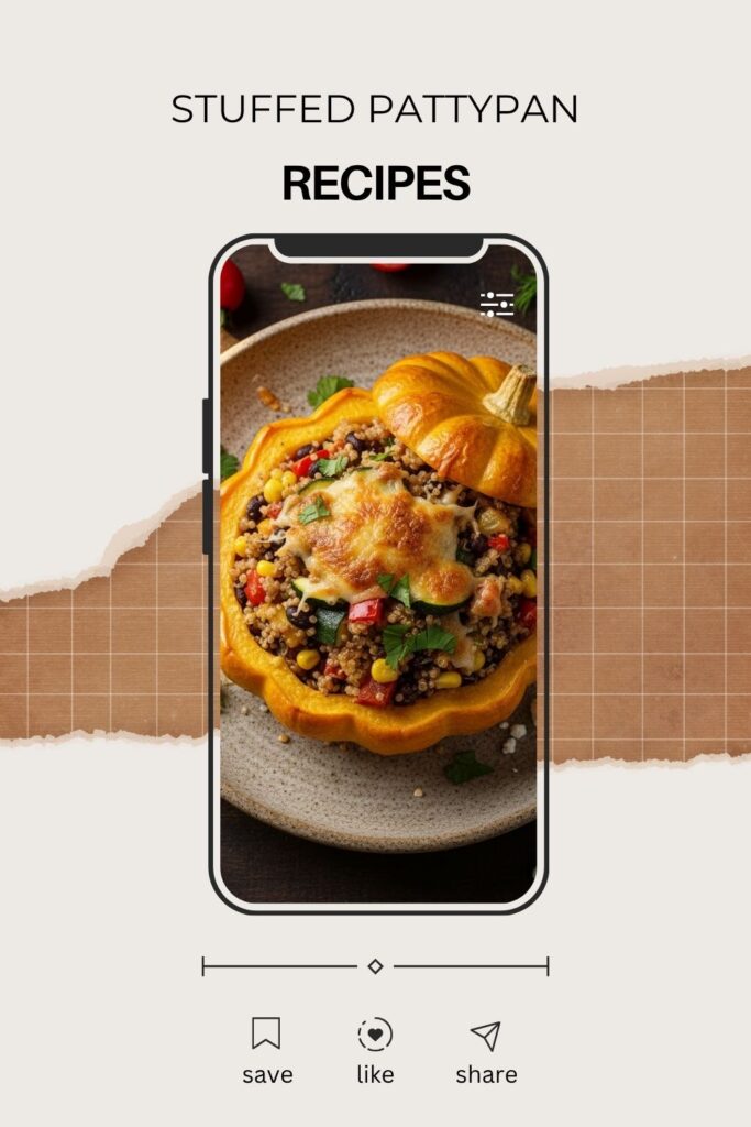 A whole, brightly colored, beautifully baked stuffed pattypan squash with a bold text overlay.