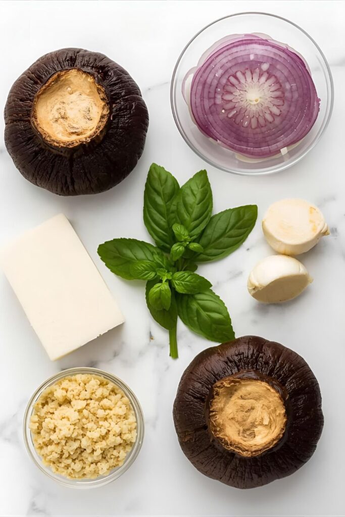 A flat-lay collage of the main ingredients for stuffed portobello: two large portobello caps, Parmesan cheese, fresh basil, garlic cloves, breadcrumbs, and a small amount of diced onion on a white marble background.