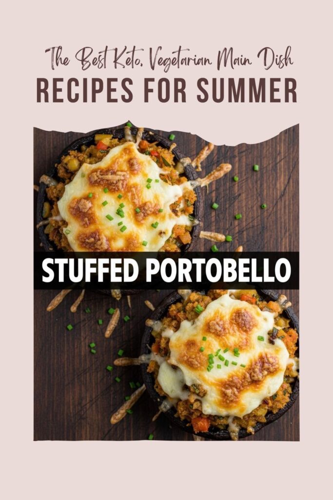 A close-up, top-down photograph of two large, baked stuffed portobello caps with golden, bubbly Italian-style filling and a bold white text overlay reading: "Stuffed Portobello." The plate is dark and rustic.