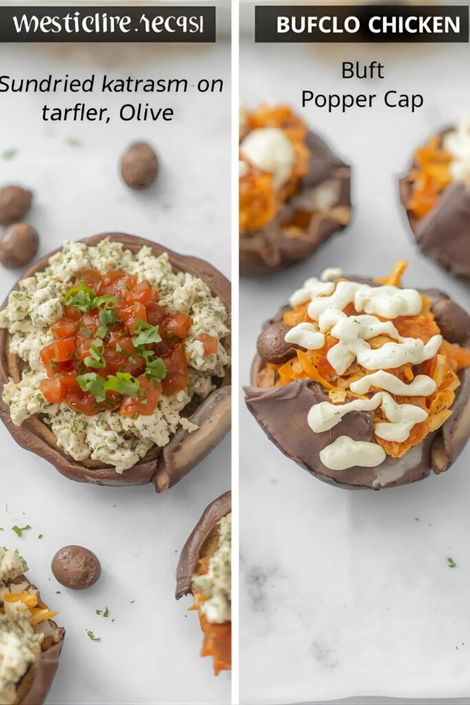 A side-by-side photograph showing two finished stuffed portobello caps: On the left, the Mediterranean Feta & Sundried Tomato cap with olives; on the right, the Buffalo Chicken Popper Cap with a drizzle of blue cheese dressing.