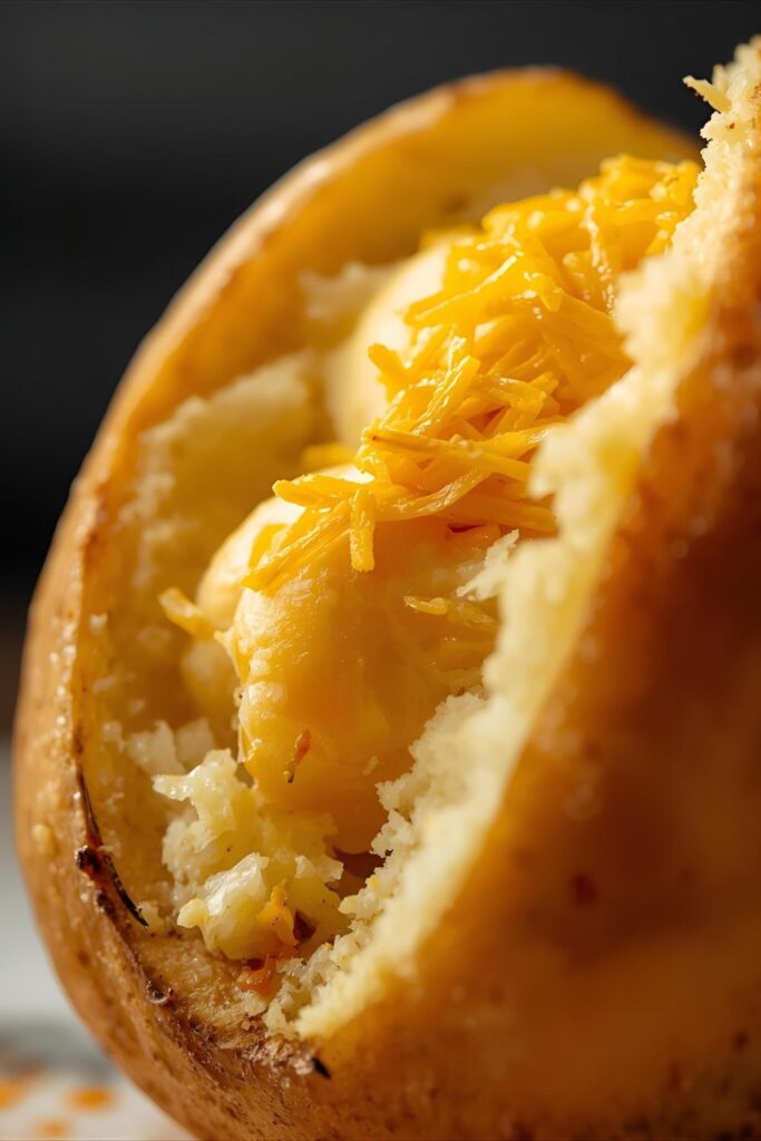 A 9:16 vertical close-up shot of a stuffed potato, showcasing the creamy mashed filling, melted cheese, and the dark, crispy, salt-flecked potato skin.