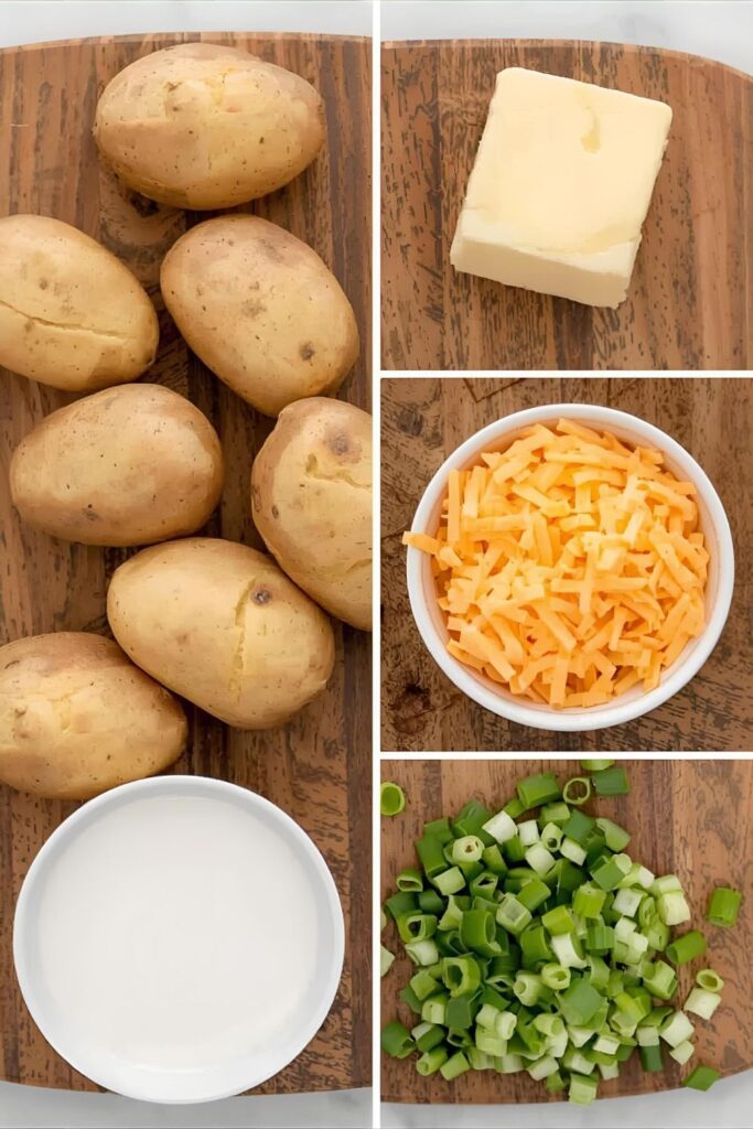 A 9:16 collage showing the ingredients for stuffed potatoes: Russet potatoes, cheddar cheese, butter, heavy cream, and green onions.
