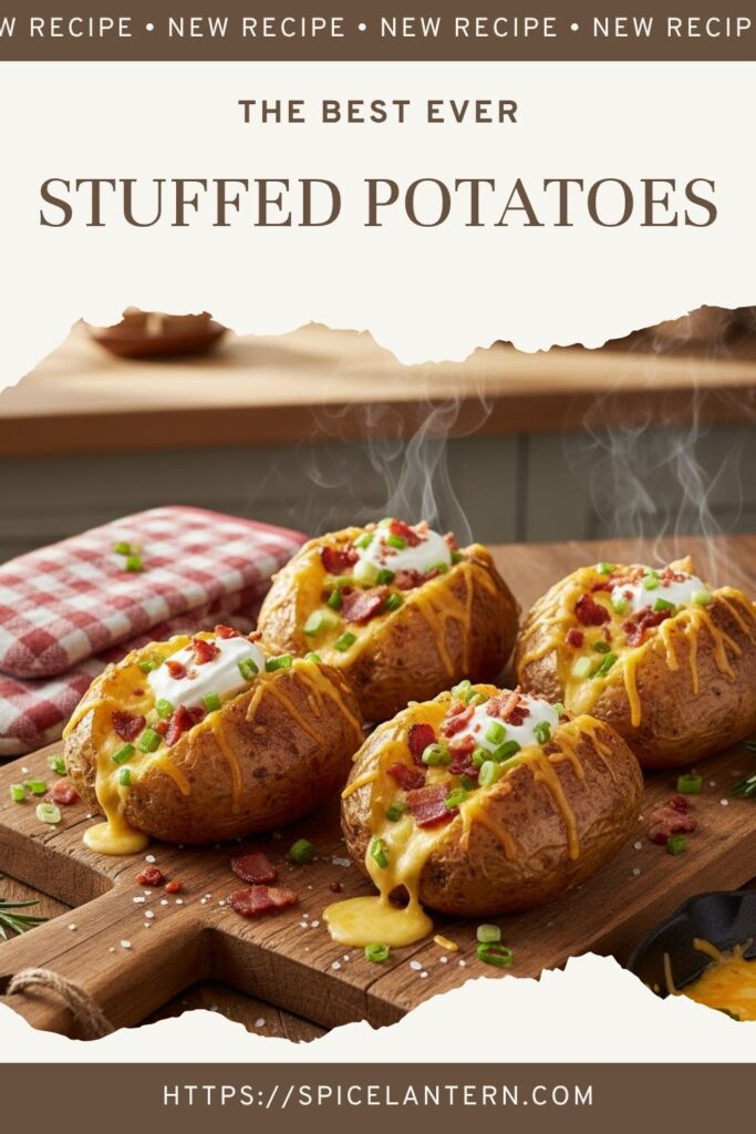 A 9:16 vertical pin image with the text "Stuffed Potatoes" overlaid on a warm, golden photo of four stuffed and baked potatoes topped with melted cheese and herbs.