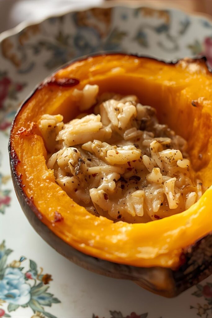 A close-up shot of a wedge of stuffed pumpkin on a plate, showing the creamy, savory filling.