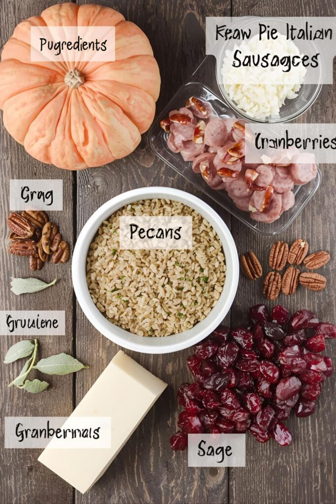 Overhead collage photo of all ingredients: pumpkin, sausage, rice, nuts, cranberries, and cheese.