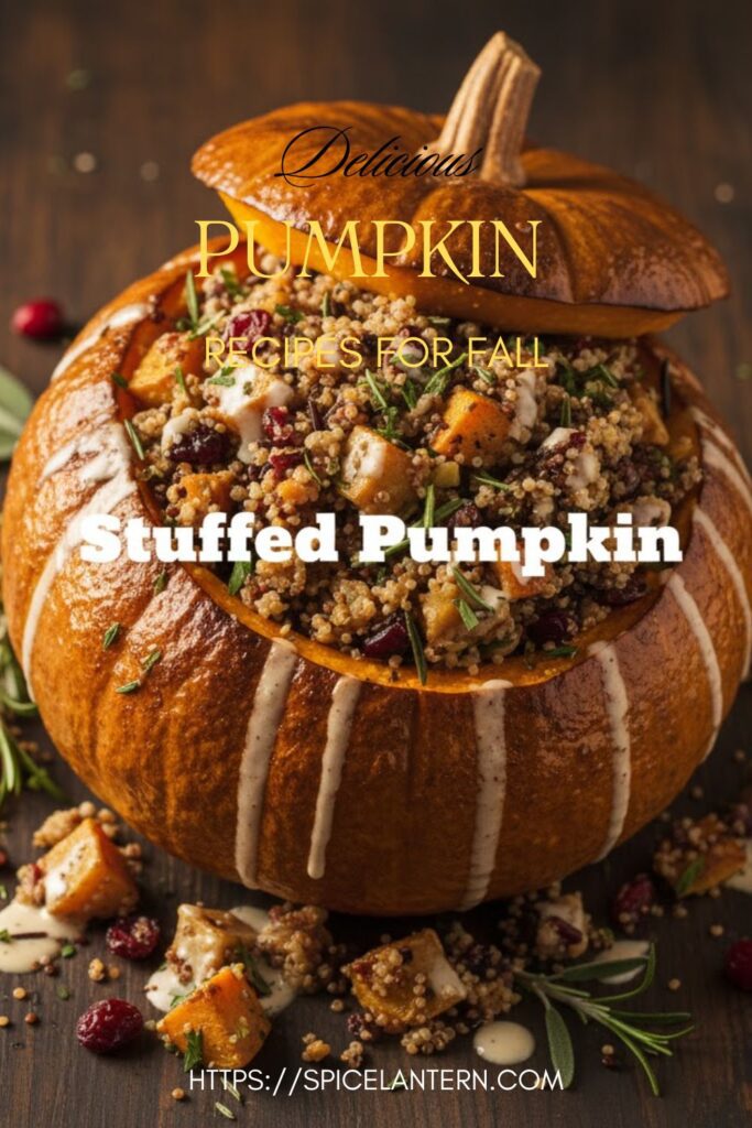 A whole, beautifully roasted stuffed pumpkin with a text overlay of the main keyword.