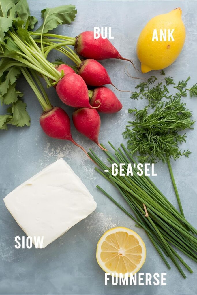 A flat lay collage showing all the key ingredients for the stuffed radishes recipe: a bunch of radishes, a block of cream cheese, fresh dill, fresh chives, and a lemon, all neatly arranged on a rustic wooden background