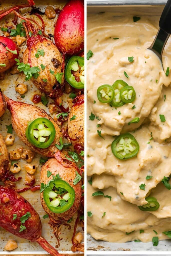 A photo of two variant versions of the stuffed radishes: one is a spicy version with cilantro and jalapeño topping, and the other is a vegan version using cashew cheese and green herbs. Both are close-up and appealing