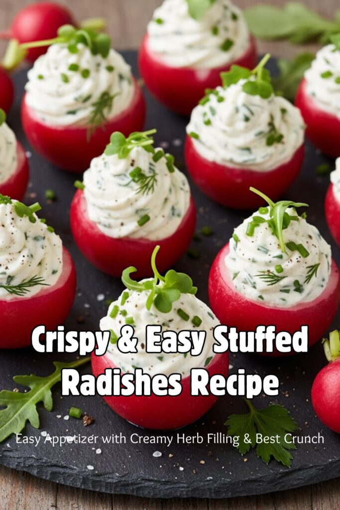 A close-up shot of several brightly colored, creamy herb-stuffed radishes standing upright on a white marble platter, garnished with flaky sea salt. The radishes are vibrant red and the filling is white and green.
