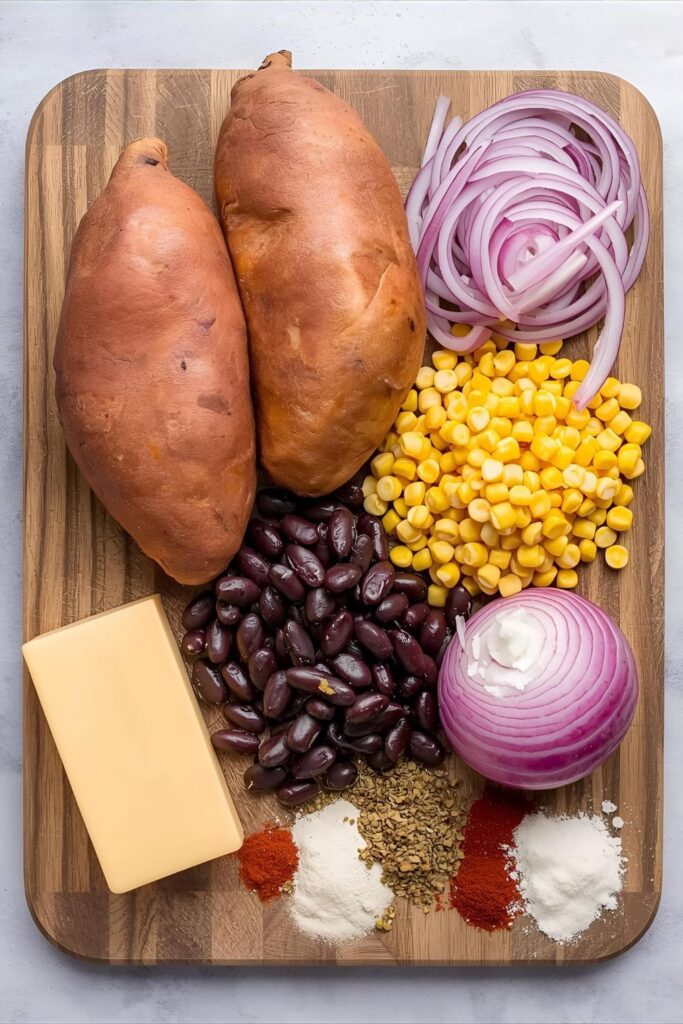 A flat-lay collage of the main ingredients for stuffed sweet potatoes: two whole sweet potatoes, black beans, corn kernels, red onion, a block of cheese, and various spices on a rustic wooden board.