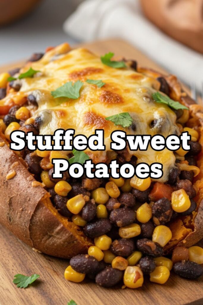 A close-up, high-angle shot of a baked and split sweet potato stuffed with a savory black bean and corn filling, topped with melted cheese and fresh cilantro, with a bold white text overlay reading: "Stuffed Sweet Potatoes."