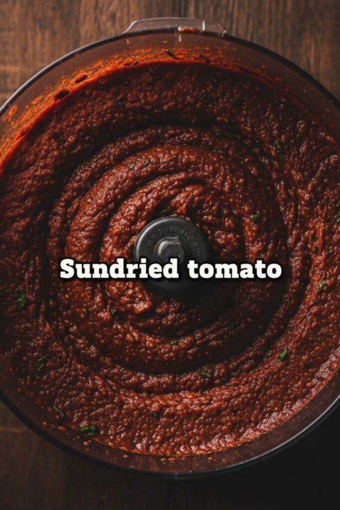 A thick, vibrant red, glossy paste swirling in a food processor, with basil leaves visible. Text overlay reads: Sundried tomato.