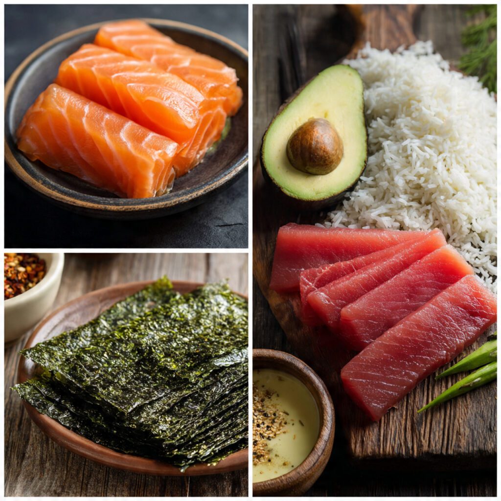 A collage showing the essential ingredients: sliced sushi-grade salmon and tuna, a pile of seasoned sushi rice, nori sheets, avocado slices, and a bowl of spicy mayo.