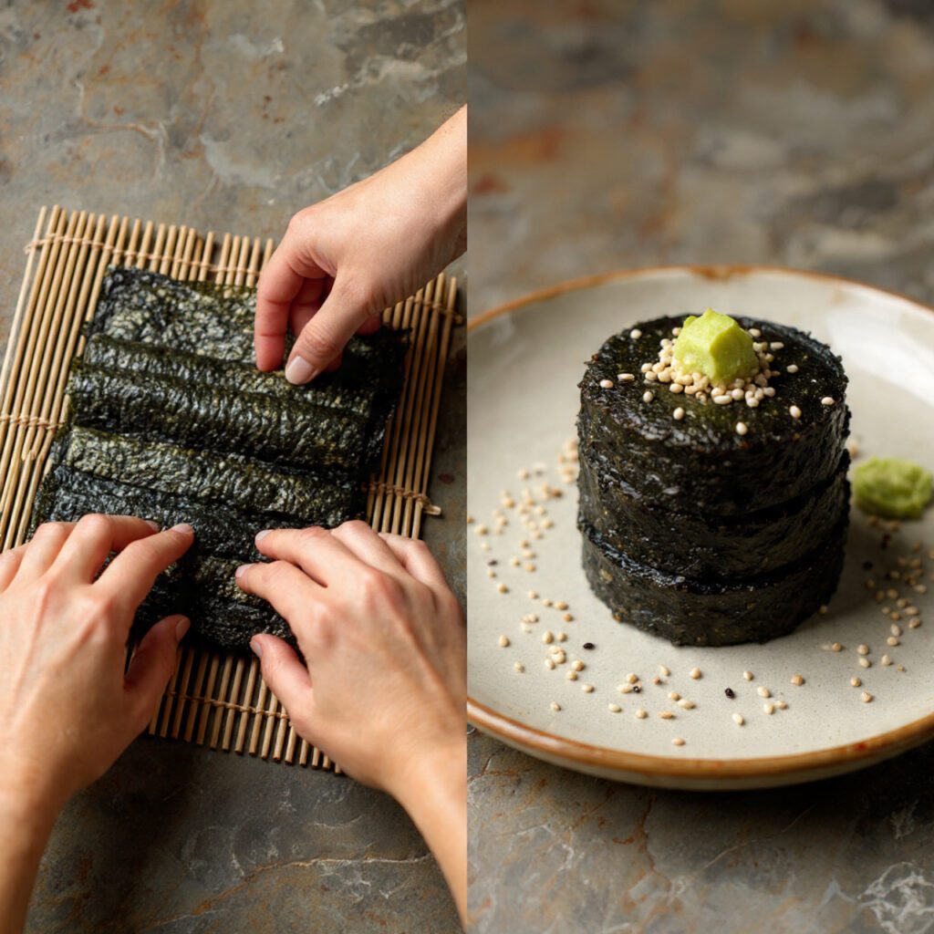 Two views of the sushi process: hands rolling the makisu mat and a finished plate of perfectly sliced sushi rolls.