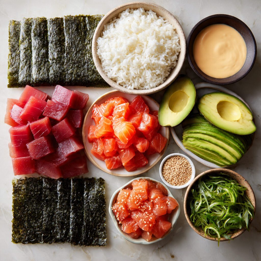 A flat-lay collage of the key sushi taco ingredients: raw sushi-grade fish, nori sheets, cooked sushi rice, avocado, sriracha, and sesame seeds, arranged neatly on a dark background.