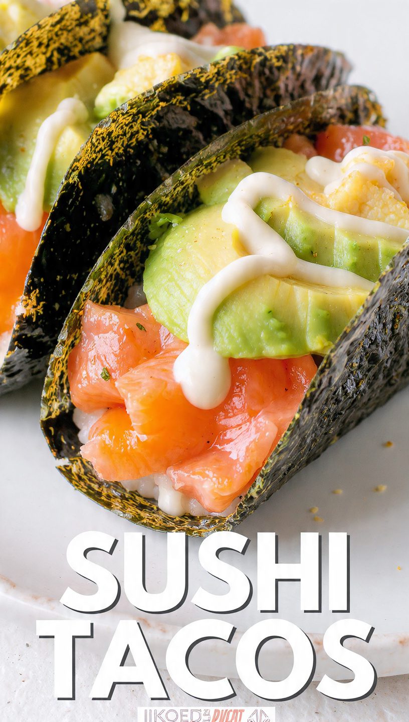 A vibrant, close-up photo of several crispy nori shells filled with spicy pink salmon, green avocado cubes, and a drizzle of spicy mayo. The text overlay prominently displays "SUSHI TACOS" in a bold, appetizing font.