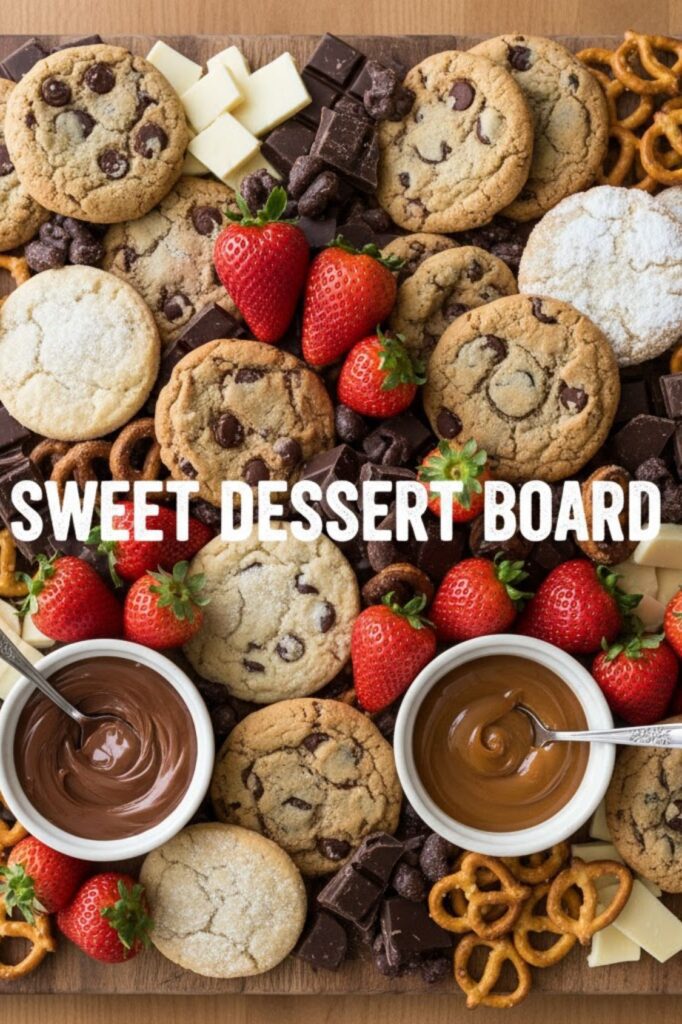 Overhead view of a large, abundant sweet dessert board with cookies, fruit, and dips, with text overlay 'SWEET DESSERT BOARD'.)