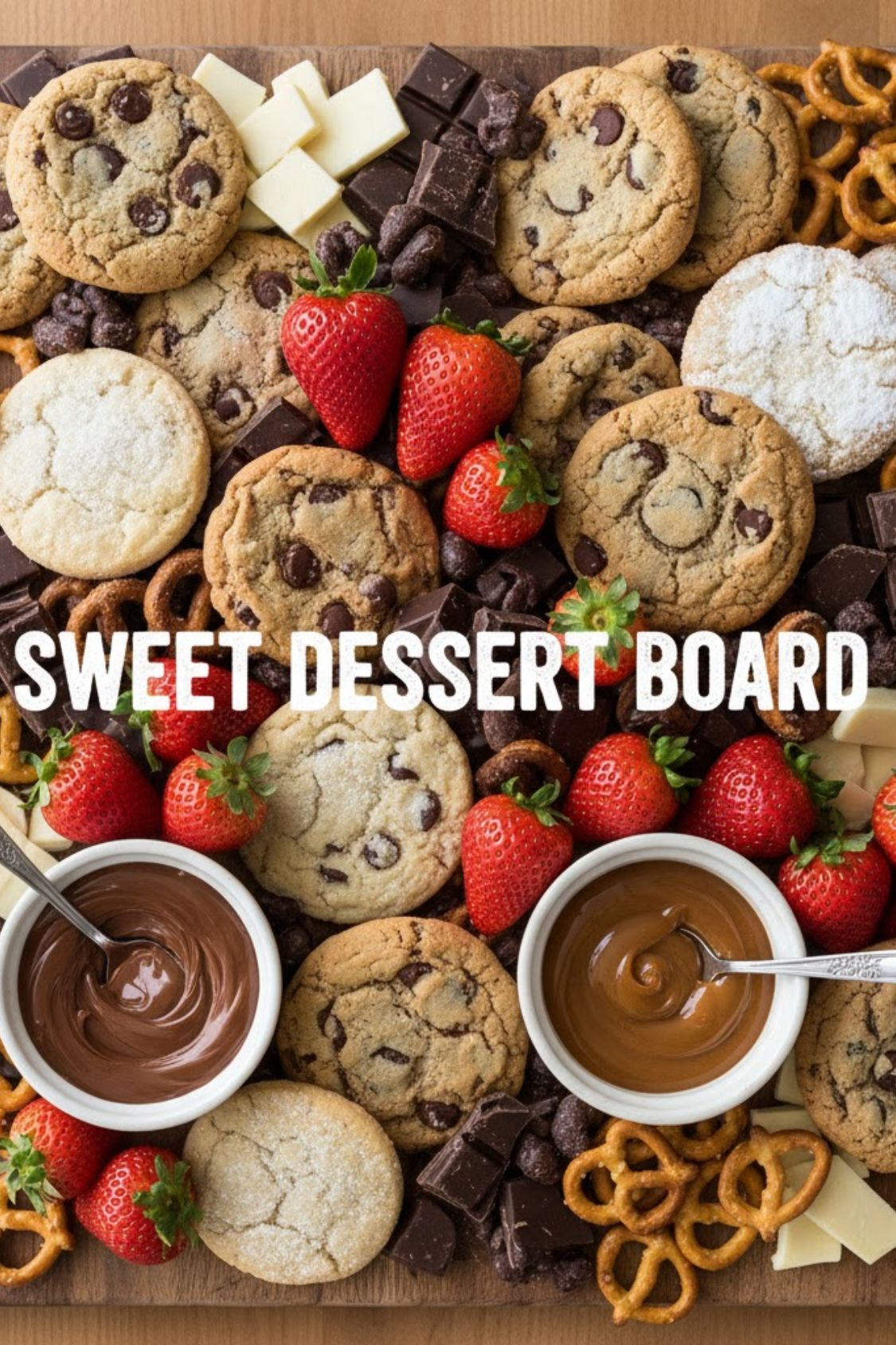 Overhead view of a large, abundant sweet dessert board with cookies, fruit, and dips, with text overlay 'SWEET DESSERT BOARD'.)