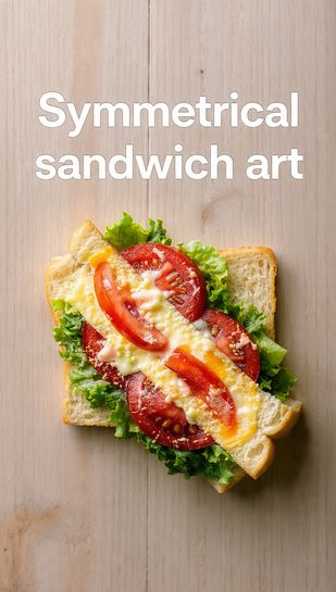 Pinterest image for an easy symmetrical sandwich art recipe with a text overlay of the main keyword on a background of the perfectly layered cross-section.