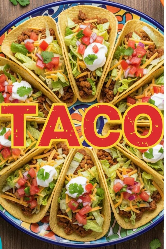 Overhead shot of loaded hard-shell tacos on a platter with text overlay 'TACO'