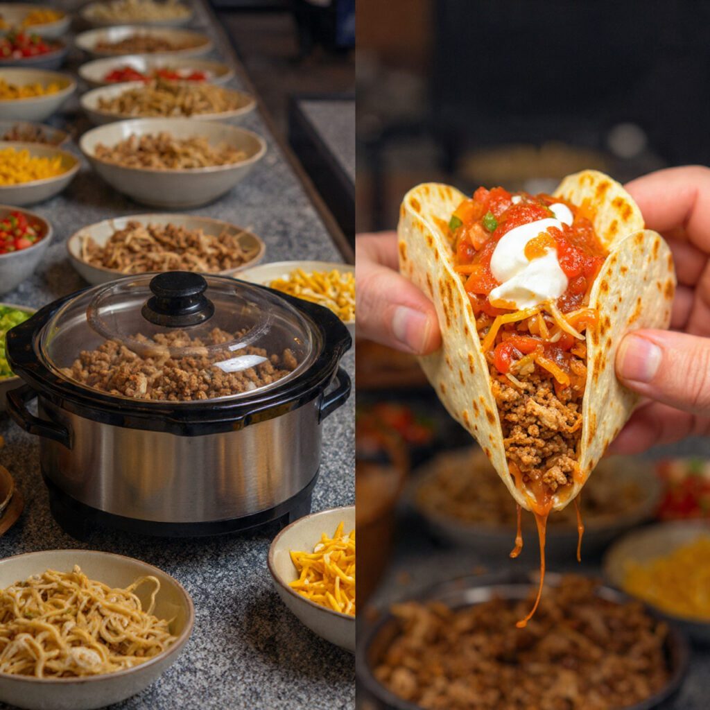 Two views of the Taco Bar: warm meat in a slow cooker on the buffet and a close-up of a fully loaded, messy taco being held.