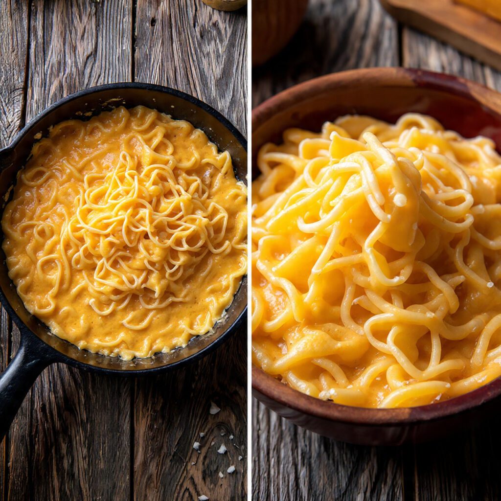 Two views of cooked Taco Pasta: a full skillet view and a close-up, creamy shot of a single serving.
