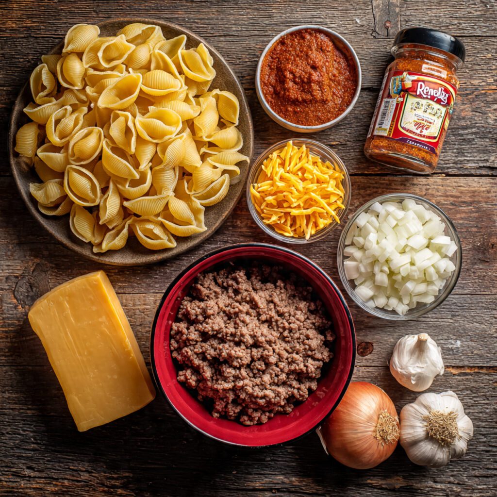 Flat lay collage of all raw Taco Pasta ingredients: ground beef, shells, cheese, Rotel, and seasoning.