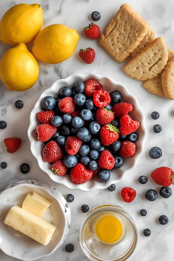 A high-quality collage of all the fresh ingredients used for the deconstructed tart recipe: fresh lemons, shortbread cookies, butter, eggs, sugar, and fresh berries, all arranged artistically on a marble background.