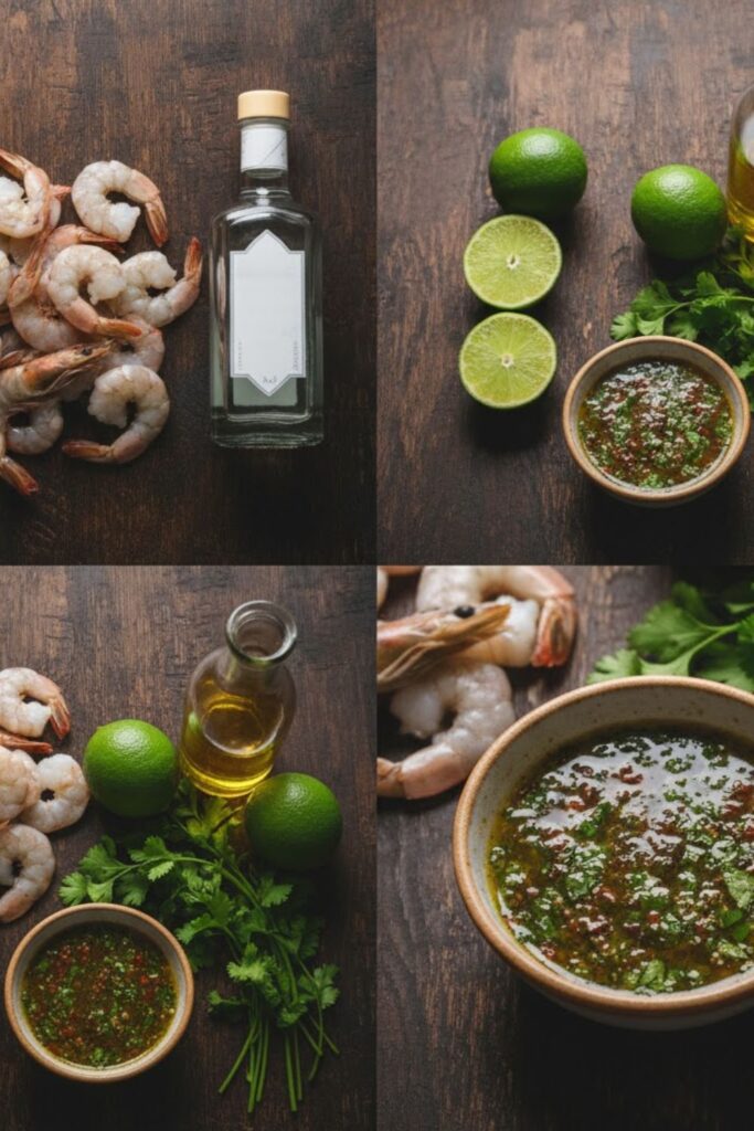 A flat-lay collage featuring raw shrimp, a bottle of silver tequila, fresh limes, olive oil, and cilantro, arranged around a small bowl with the marinade.