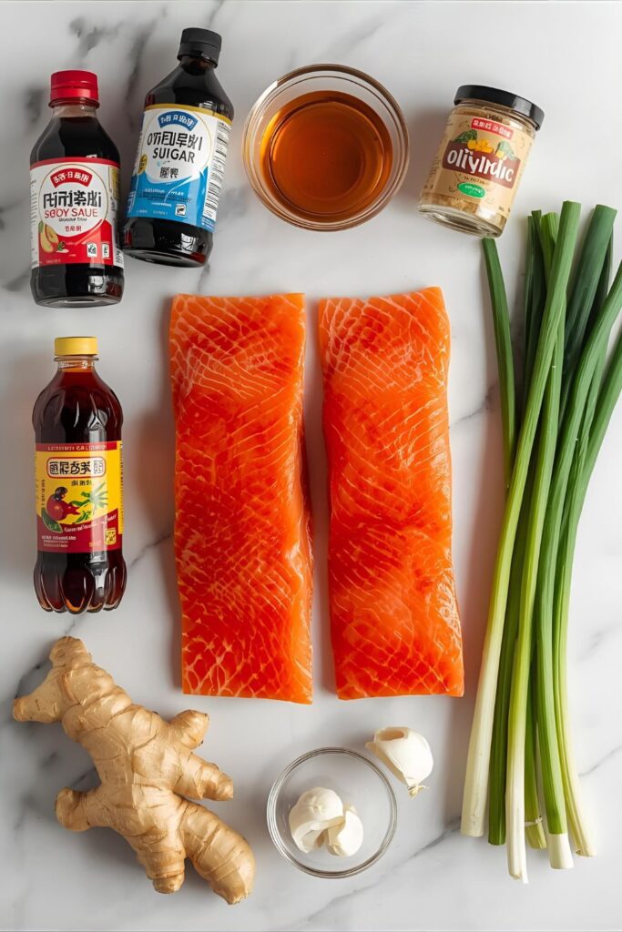 A bright, clean collage of all ingredients for Teriyaki salmon: soy sauce, salmon fillets, ginger, garlic, brown sugar, mirin, sesame oil, and rice vinegar.