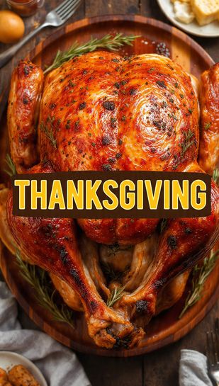 A close-up, vibrant overhead photo of a perfectly roasted golden-brown turkey on a platter, garnished with herbs and surrounded by pan drippings, featuring the bold text overlay: THANKSGIVING