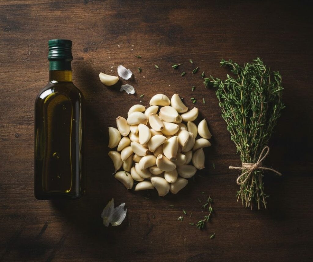 Flat lay collage of garlic cloves, olive oil, and fresh thyme sprigs for making confit.)