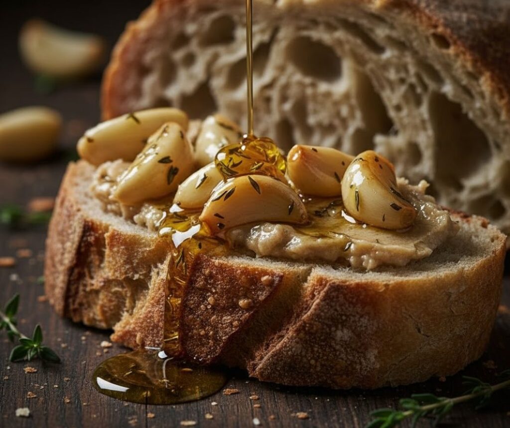 Close-up of crusty bread spread with soft, creamy thyme-infused garlic confit.