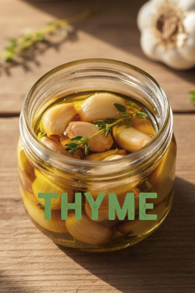Jar of golden garlic confit with thyme sprigs and text overlay 'THYME'.