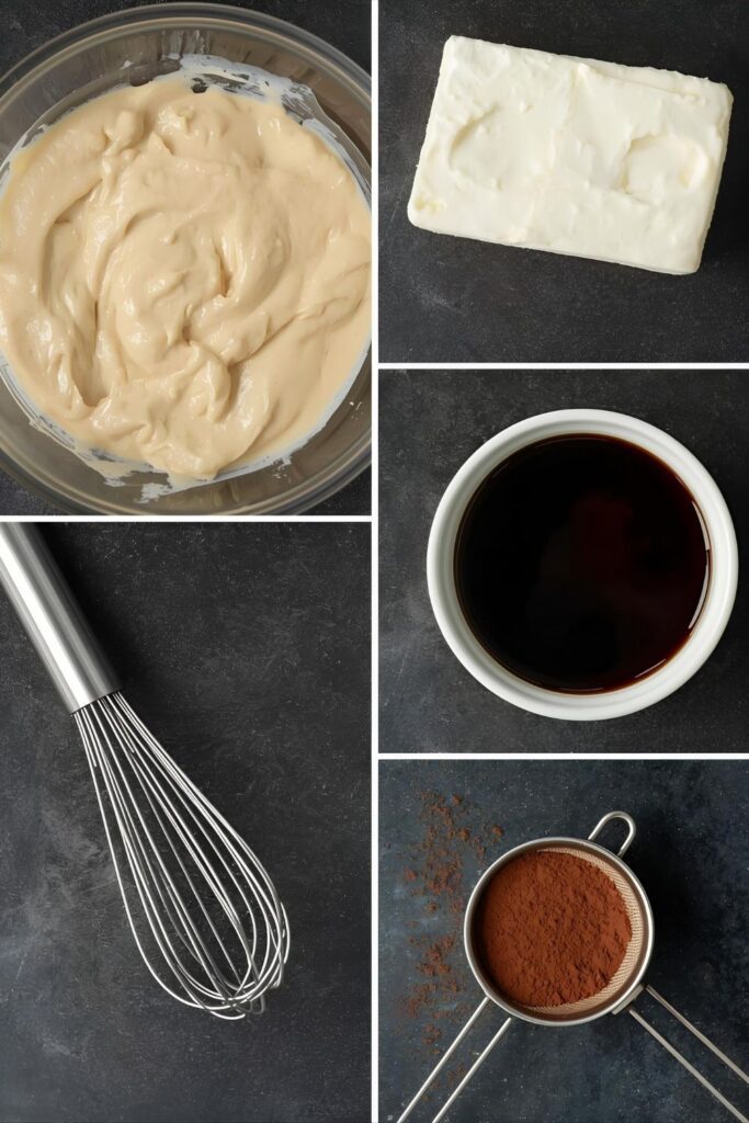 A flat-lay collage of the key ingredients for Tiramisu pancakes: a bowl of fluffy batter, a block of mascarpone, strong brewed coffee, a whisk, and a sifter with cocoa powder on a dark background.