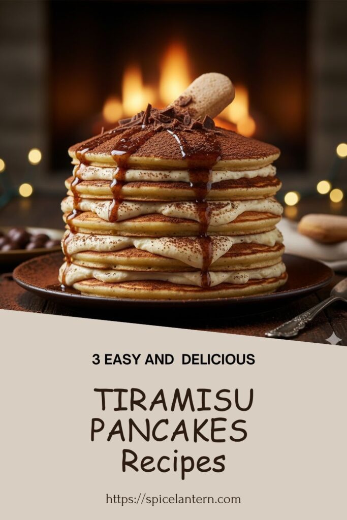 A tall stack of fluffy, golden-brown tiramisu pancakes dusted heavily with cocoa powder and drizzled with a rich espresso soak, with a bold text overlay reading: "Tiramisu Pancakes." The background is a white marble countertop
