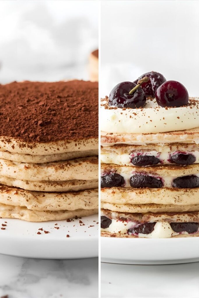 A close-up side-by-side photograph showing two assembled Tiramisu pancake stacks: On the left, the classic version with heavy cocoa dust; on the right, the Boozy Black Forest Stack with dark cherries layered in the cream.
