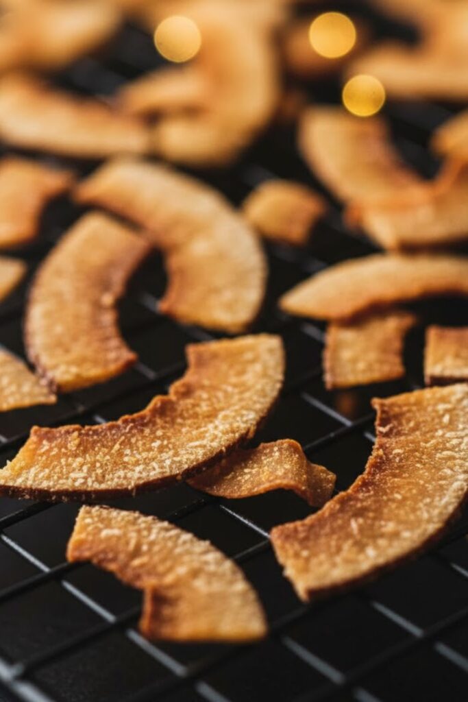 An extreme close-up macro photograph showing the crisp, caramelized texture and deep golden color of freshly made toasted coconut flakes.