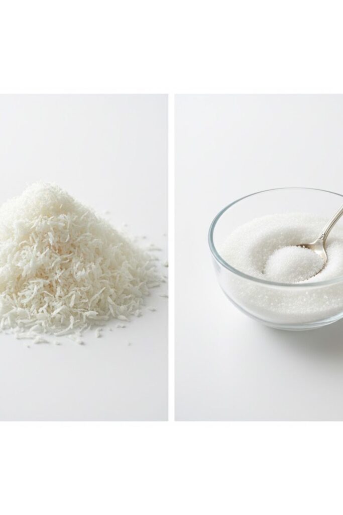 A clean, minimalist collage of the two main ingredients for the recipe: a glass jar of shredded white coconut flakes and a small dish of granulated white sugar.)